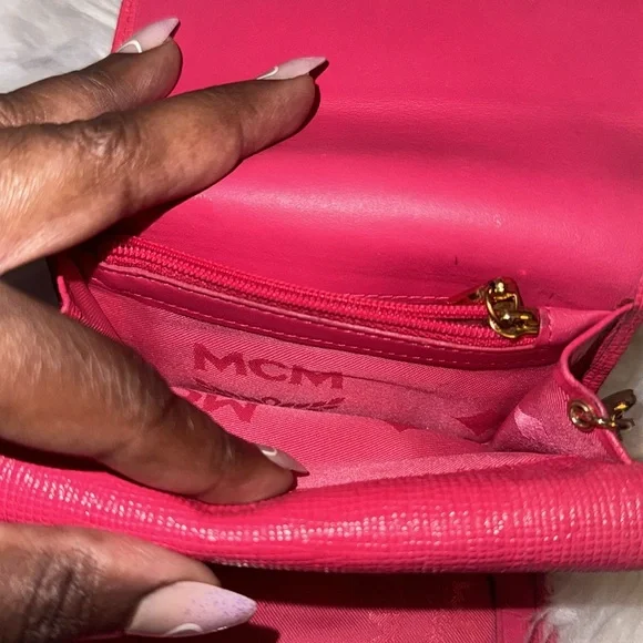 Authentic MCM Pink Leather Studded LogoMotifs Trifold Wallet with keychain EUC
